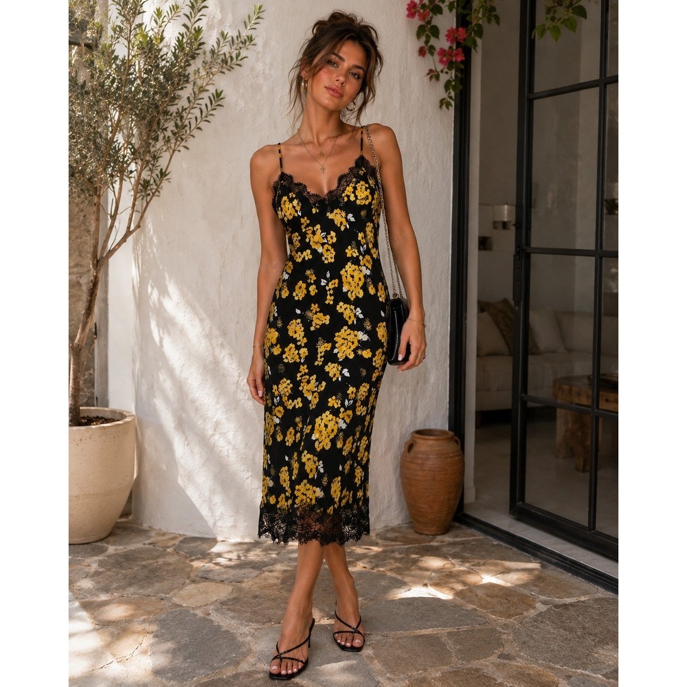 Michael Kors Black Floral Lace-Trim Slip Midi Dress